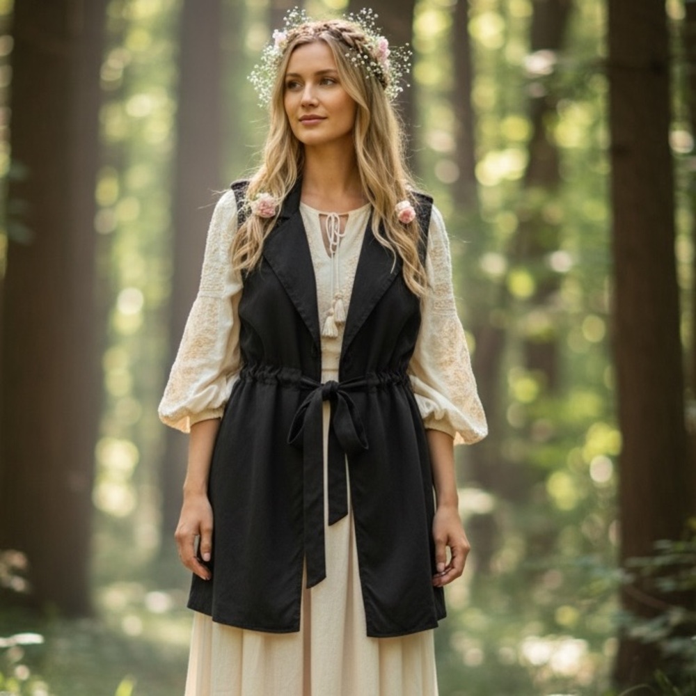 Elevenses Dark Green Faux Suede Front Tie Long Sleeveless Vest Anthropologie M